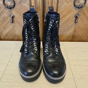 Wishbone Collection - AGNESBlack Leather Combat Boots with Silver Accents